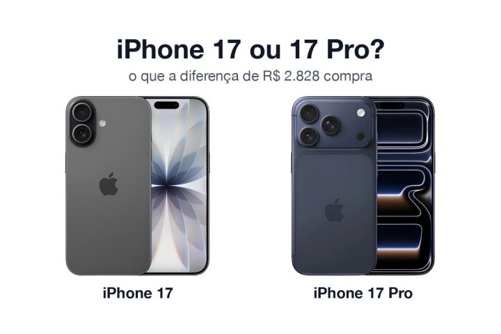 Apple iPhone 17 preto e iPhone 17 Pro azul-profundo lado a lado