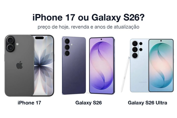 Apple iPhone 17, Samsung Galaxy S26 e Galaxy S26 Ultra lado a lado