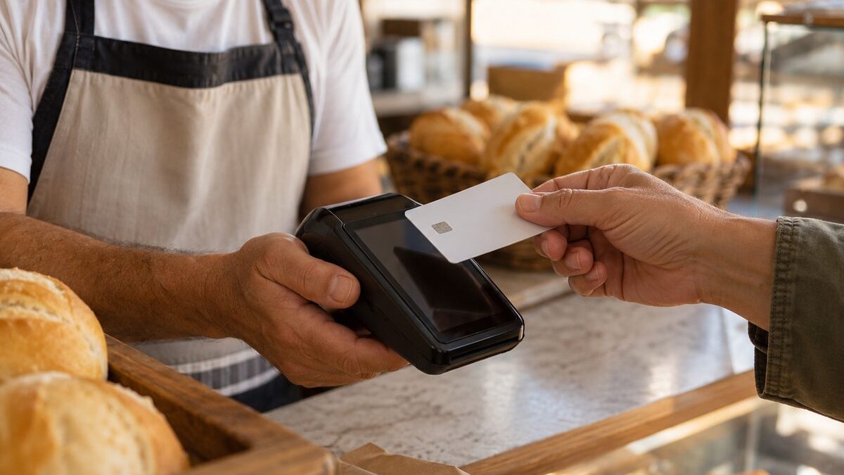 Cliente pagando por aproximação na maquininha de cartão no balcão de uma padaria