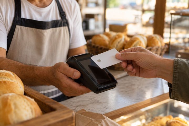 Cliente pagando por aproximação na maquininha de cartão no balcão de uma padaria