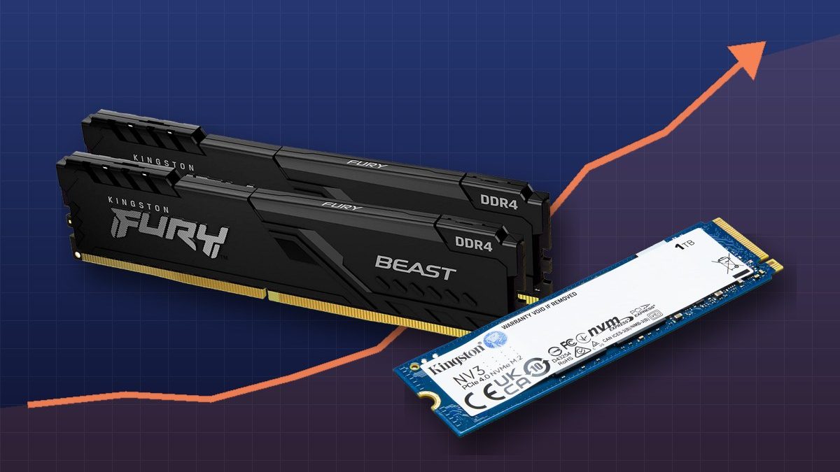 Kit de memória Kingston FURY Beast DDR4 e SSD Kingston NV3 de 1 TB na frente de um gráfico de preço subindo