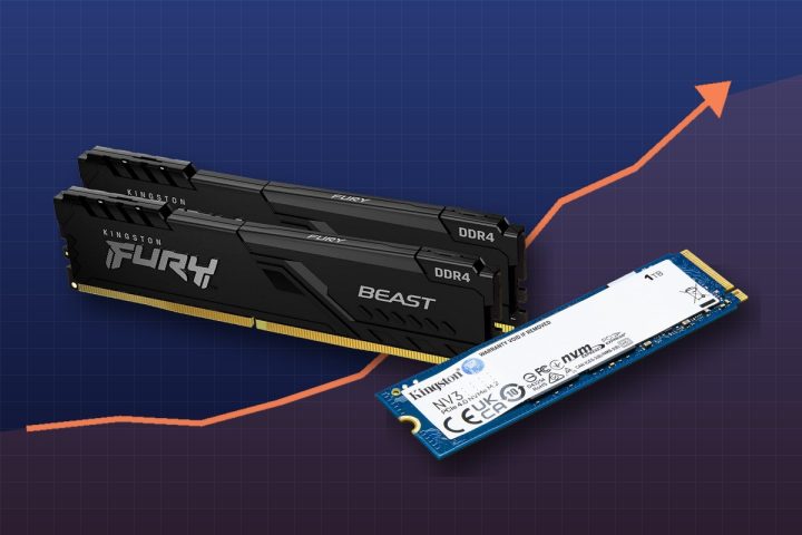 Kit de memória Kingston FURY Beast DDR4 e SSD Kingston NV3 de 1 TB na frente de um gráfico de preço subindo