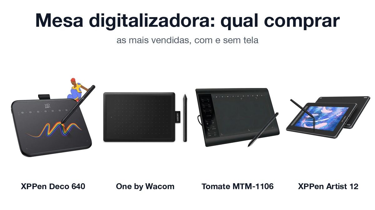 Mesas digitalizadoras XPPen Deco 640, One by Wacom, Tomate MTM-1106 e XPPen Artist 12 lado a lado