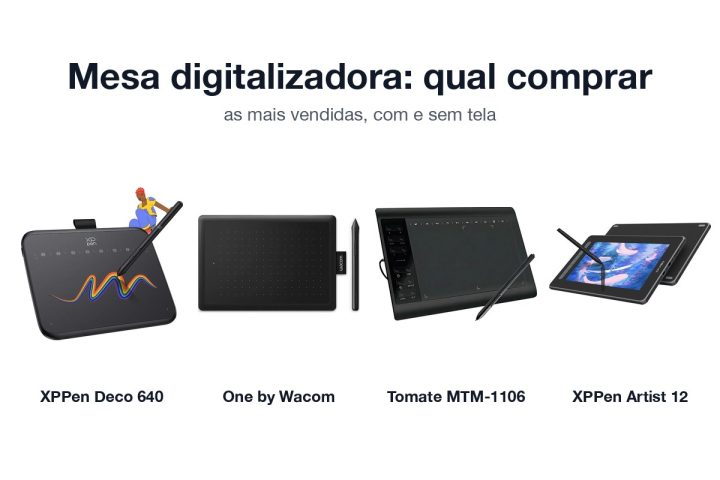 Mesas digitalizadoras XPPen Deco 640, One by Wacom, Tomate MTM-1106 e XPPen Artist 12 lado a lado