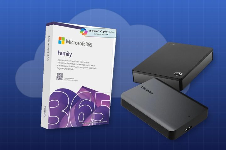 Caixa do Microsoft 365 Family ao lado dos HDs externos Toshiba Canvio Basics de 2 TB e Seagate Portable de 5 TB, com uma nuvem ao fundo