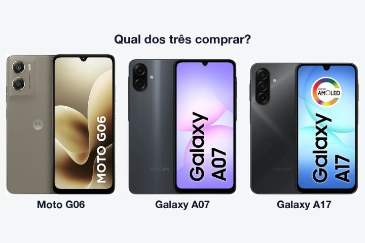 Moto G06, Galaxy A07 e Galaxy A17 lado a lado, de frente e de costas, com o texto qual dos três comprar