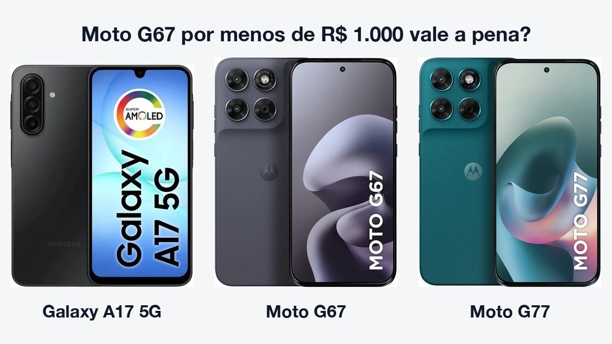 Galaxy A17 5G, Moto G67 e Moto G77 lado a lado, de frente e de costas, com o texto Moto G67 por menos de R$ 1.000 vale a pena