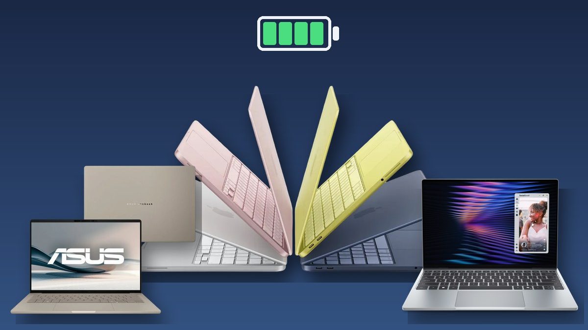 MacBook Neo nas quatro cores em leque, entre um ASUS Zenbook A14 bege e um Dell XPS 13 prateado, com um ícone de bateria cheia acima