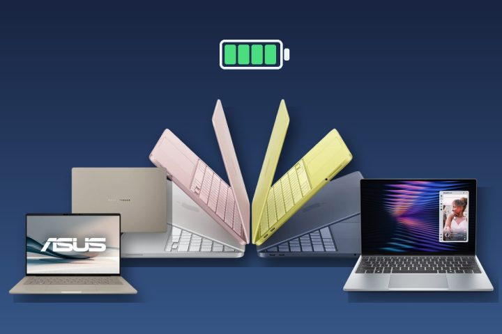 MacBook Neo nas quatro cores em leque, entre um ASUS Zenbook A14 bege e um Dell XPS 13 prateado, com um ícone de bateria cheia acima