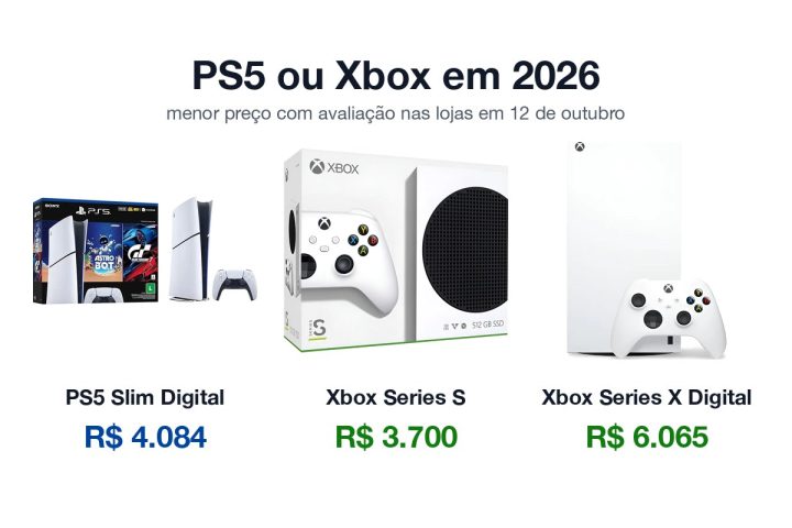 PS5 Slim Digital, Xbox Series S e Xbox Series X Digital lado a lado com o menor preço de cada um nas lojas em 12 de outubro de 2026