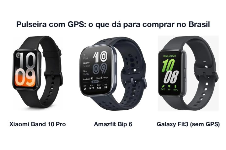 Xiaomi Smart Band 10 Pro, Amazfit Bip 6 e Galaxy Fit3 lado a lado, com o texto Pulseira com GPS: o que dá para comprar no Brasil