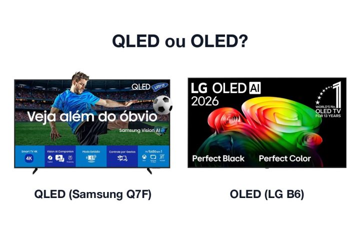 Samsung QLED Q7F e LG OLED B6 de 55 polegadas lado a lado, com o texto QLED ou OLED?
