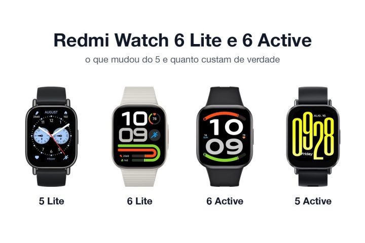 Redmi Watch 5 Lite, 6 Lite, 6 Active e 5 Active lado a lado