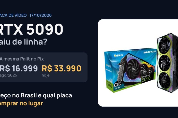 Capa: RTX 5090 saiu de linha? A mesma Palit RTX 5090 GameRock OC custava R$ 16.999 no Pix em agosto de 2025 e R$ 33.990 hoje