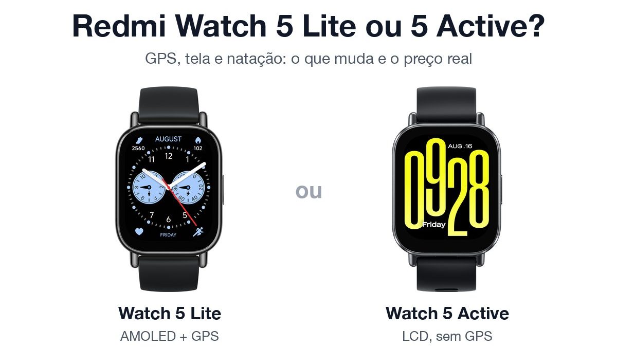 Redmi Watch 5 Lite e Redmi Watch 5 Active lado a lado, renders oficiais da Xiaomi
