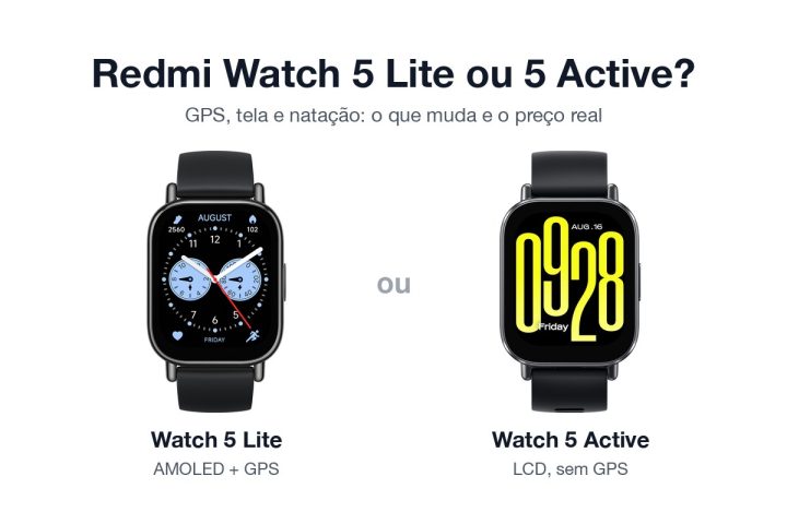 Redmi Watch 5 Lite e Redmi Watch 5 Active lado a lado, renders oficiais da Xiaomi