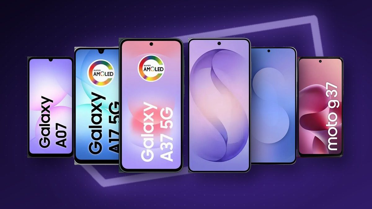 Celulares Galaxy A07, A17 5G, A37, S26, S25 FE e Moto G37 lado a lado sobre fundo violeta