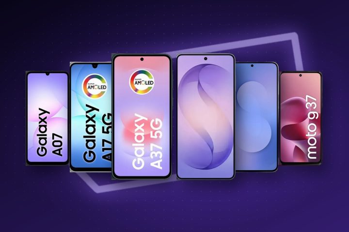 Celulares Galaxy A07, A17 5G, A37, S26, S25 FE e Moto G37 lado a lado sobre fundo violeta