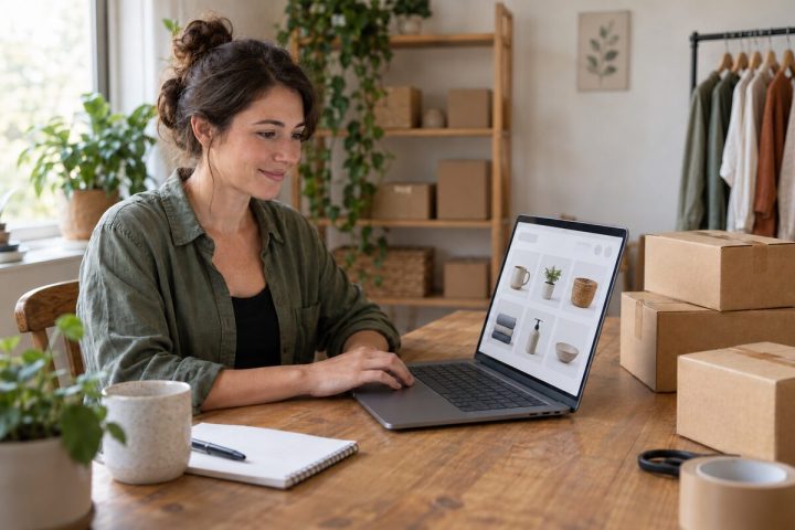 Empreendedora montando sua loja virtual no notebook, com caixas de envio ao lado