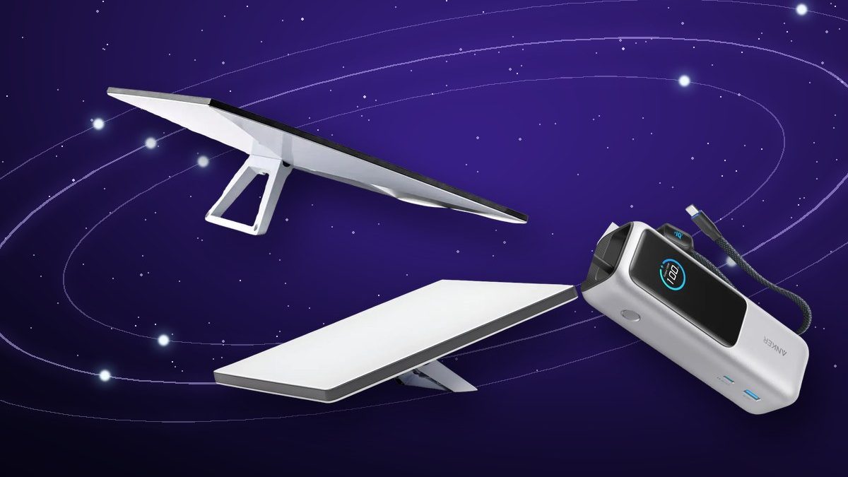 Antenas Starlink Standard e Mini e um power bank Anker sobre um céu escuro com órbitas de satélites