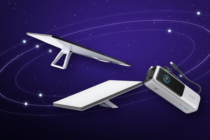 Antenas Starlink Standard e Mini e um power bank Anker sobre um céu escuro com órbitas de satélites