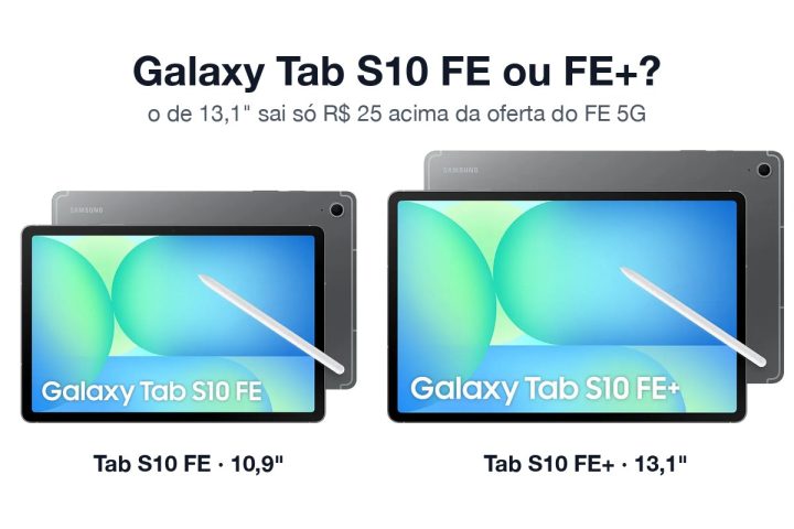 Samsung Galaxy Tab S10 FE e Tab S10 FE+ cinza, lado a lado na escala real