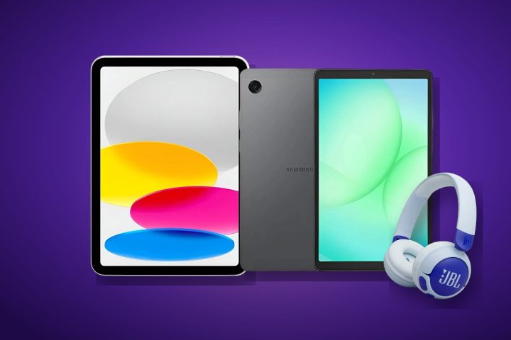 iPad, Samsung Galaxy Tab A11 e fone infantil JBL sobre fundo roxo