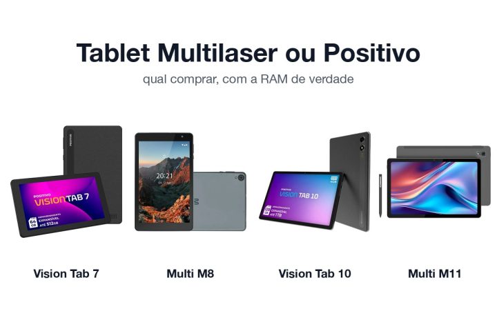 Tablets Positivo Vision Tab 7, Multi M8, Positivo Vision Tab 10 e Multi M11 lado a lado