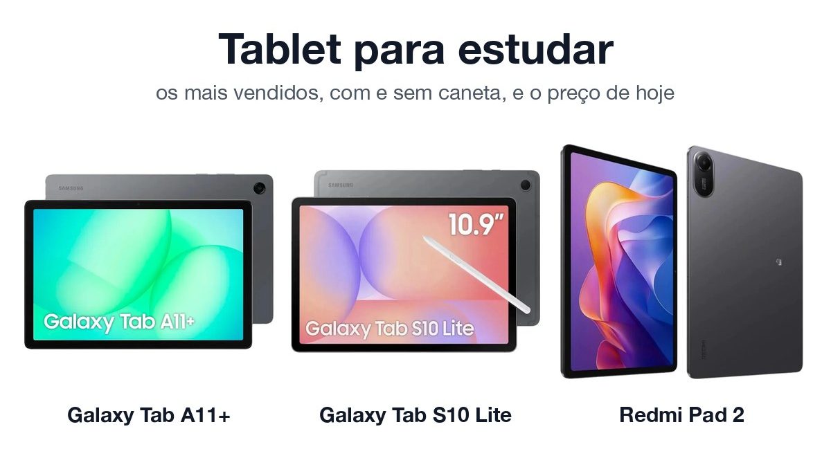 Galaxy Tab A11+, Galaxy Tab S10 Lite com S Pen e Redmi Pad 2 lado a lado