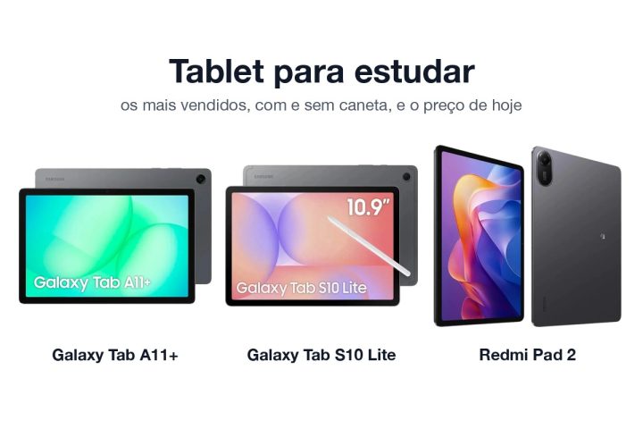 Galaxy Tab A11+, Galaxy Tab S10 Lite com S Pen e Redmi Pad 2 lado a lado