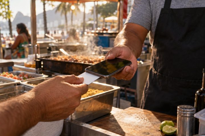 Vendedor de barraca recebendo pagamento por aproximação com o cartão encostado no celular