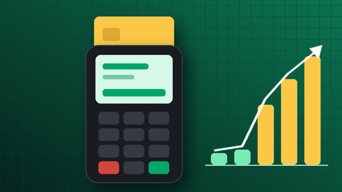 Ilustração de maquininha de cartão com cartão encaixado e barras de taxa subindo ao lado