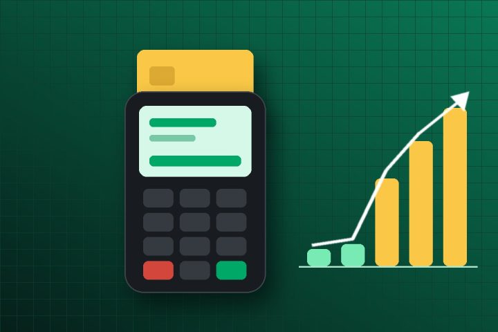 Ilustração de maquininha de cartão com cartão encaixado e barras de taxa subindo ao lado