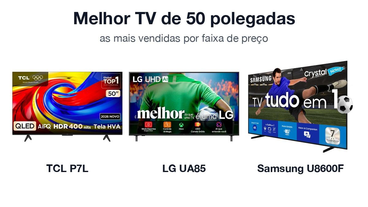 TCL P7L, LG UA85 e Samsung U8600F de 50 polegadas lado a lado, com o texto Melhor TV de 50 polegadas