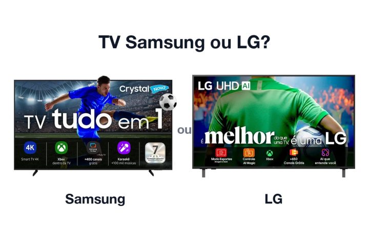 Smart TV Samsung Crystal U8600F e Smart TV LG UHD UA85 lado a lado, com o texto TV Samsung ou LG?