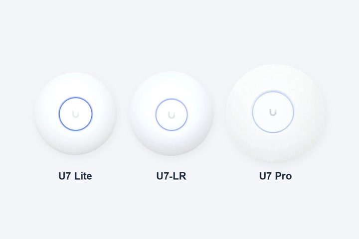 UniFi U7 Lite, U7-LR e U7 Pro lado a lado na escala real do diâmetro de cada um, fotos dos anúncios no Mercado Livre