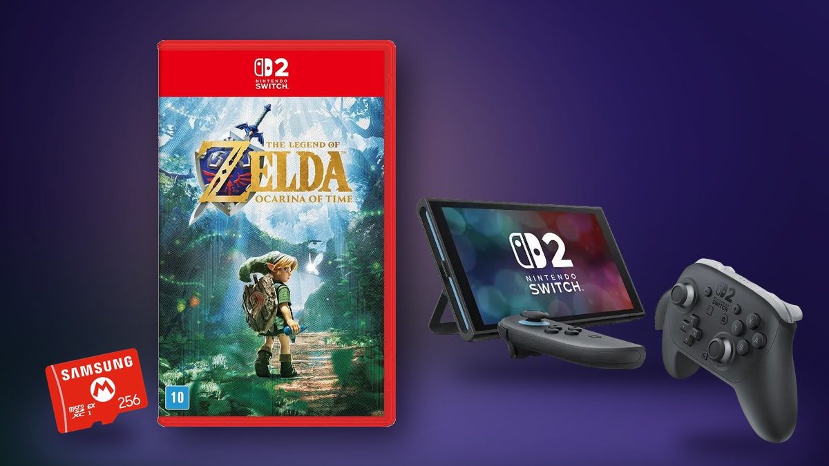 Caixa de The Legend of Zelda: Ocarina of Time para Switch 2 ao lado do console Nintendo Switch 2, do Pro Controller e de um cartão microSD Express