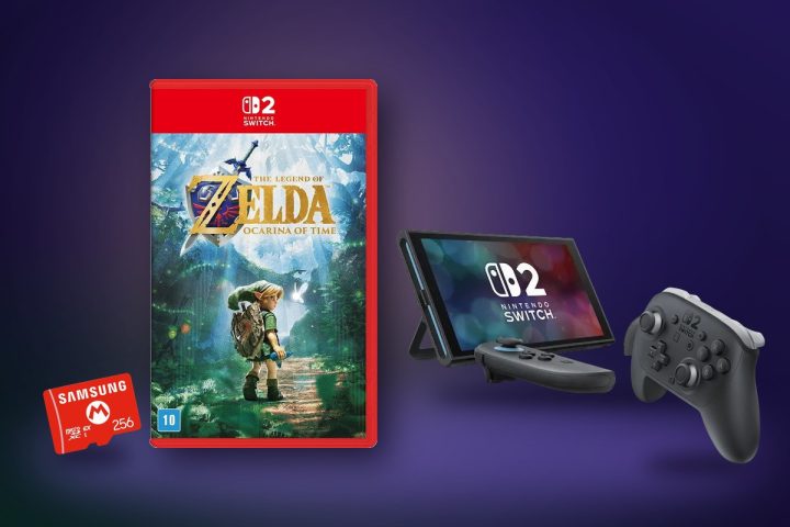 Caixa de The Legend of Zelda: Ocarina of Time para Switch 2 ao lado do console Nintendo Switch 2, do Pro Controller e de um cartão microSD Express