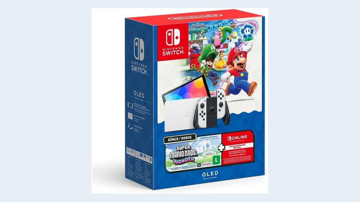 Caixa do Nintendo Switch OLED com Super Mario Bros. Wonder e 3 meses de Nintendo Switch Online