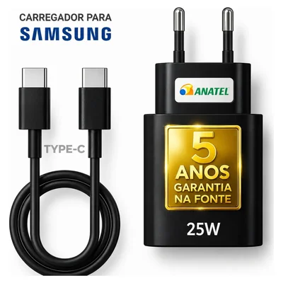 Carregador genérico Dtimp de 25W preto com cabo USB-C e o texto carregador para Samsung