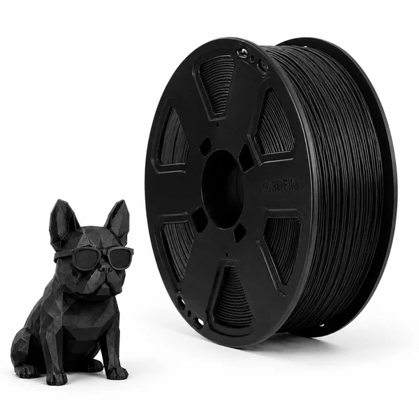 Carretel preto de filamento PLA ao lado de um buldogue impresso em 3D, também preto