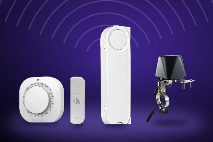 Detector de fumaça, sensor de presença, empurrador de janela de correr e válvula de água Zigbee sobre fundo roxo com ondas de sinal