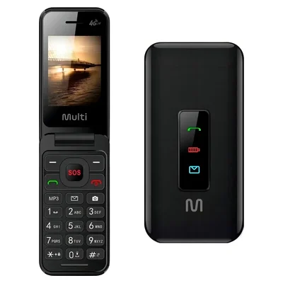 Celular flip Multi Flip Vita 4G preto aberto, com botão SOS vermelho, e fechado com visor externo