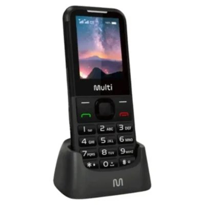Celular de botão Multi Vita 4G preto em pé na base carregadora