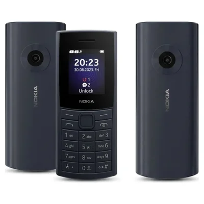 Nokia 110 4G azul-escuro visto de frente, com a traseira de dois lados