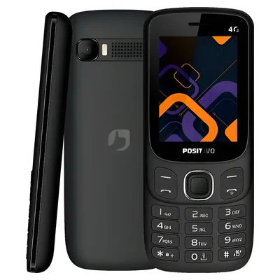 Celular de botão Positivo P41 4G preto, de frente e de lado