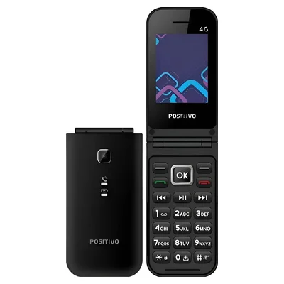Celular flip Positivo P51 preto, fechado e aberto lado a lado