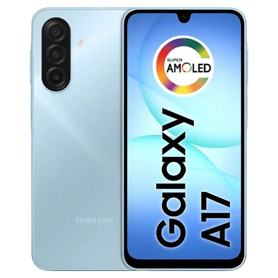 Samsung Galaxy A17 azul, frente e verso