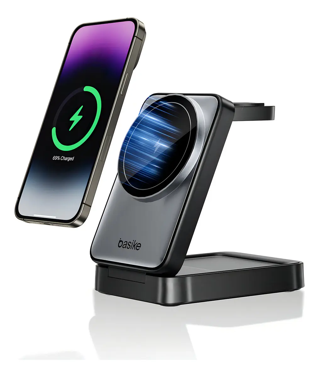 Carregador Indução Sem Fio 3em1 Basike Magsafe iPhone 17 16 15 14 Apple Watch AirPods Dobrável
