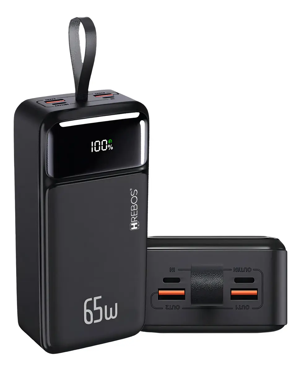 Power Bank Turbo 65w Hrebos 30000mah Com Display Digital Cor Preto